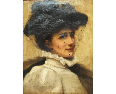 CIRCLE OF SIR JOHN LAVERY (1856 - 1941).  A portrait study of a young Edwardian lady wearing a hat and veil, unsigned, oil in
