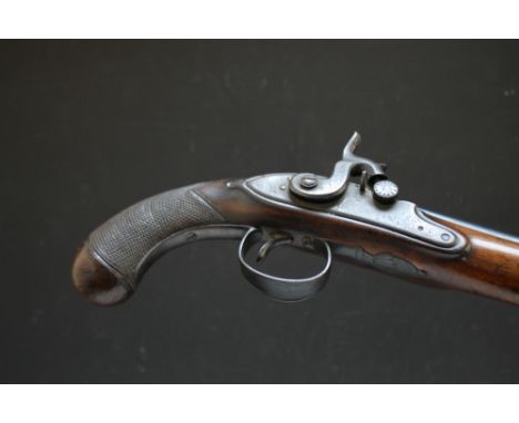 A 19TH CENTURY PERCUSSION PISTOL, the browned barrel bearing faint touchmarks, engraved foliate detail to the lock plate, eng
