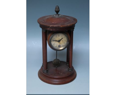 A 19TH CENTURY WALNUT PORTICO CLOCK, the drum movement with floral enamelled face, pineapple finial, pendulum, H 30.5 cm