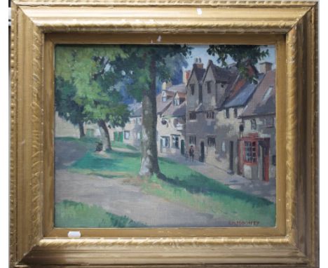 E. HARTLEY MOONEY (Exh. 1926 - 1932). A village scene with figures, 'Leysbourne, Chipping Campden', see label verso with port
