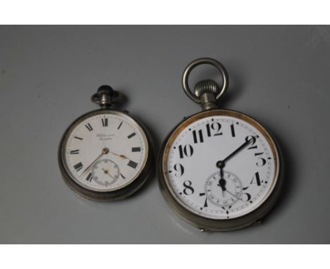 A BENSON 'THE BANK WATCH' HALLMARKED SILVER OPEN FACED MANUAL WIND POCKET WATCH, together with a large nickel pocket watch, D