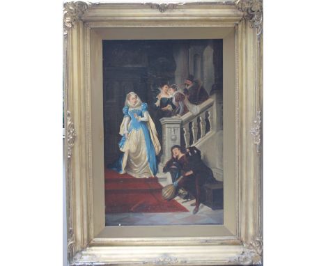 GEORGE DUNLOP LESLIE (1835 - 1921). A manor house interior scene with figures on a stone staircase and sleeping musician at t