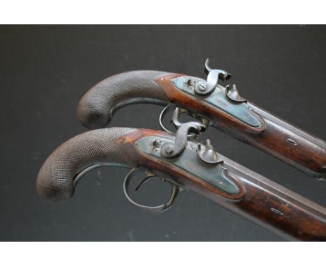 A PAIR OF 19TH CENTURY PERCUSSION HOLSTER PISTOLS BY ASTON OF MANCHESTER, browned octagonal barrels engraved to the top 'Manc