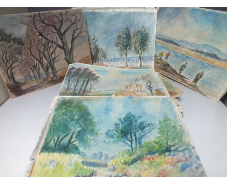 EDWARD MOSER (XX). A folio of  landscape, lakeside and woodland paintings etc., to include signed examples, watercolours, all