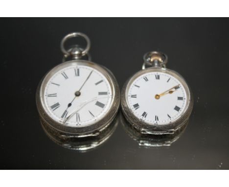 TWO SILVER OPEN FACED MANUAL WIND FOB WATCHES