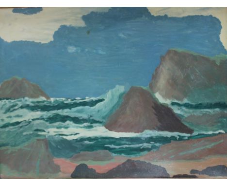 CIRCLE OF JACK WILKINSON SMITH (1873 - 1949). American school, stormy rocky coastal scene 'Rocky Shore; see label verso, unsi