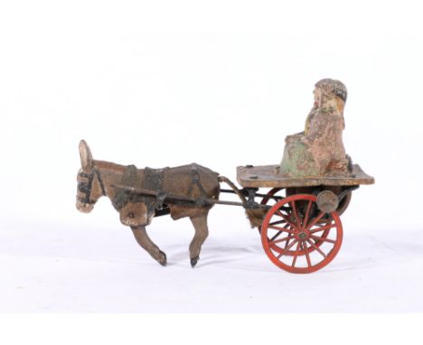Early pull-string automaton in the form of a horse and partial carriage with two sitters, no identifying markings 