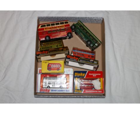 Dinky Toys two 291 Atlantean City Buses "Kenning Car,Van and Truck Hire", 289 Routemaster Bus "Esso", 297 Silver Jubilee, Bud