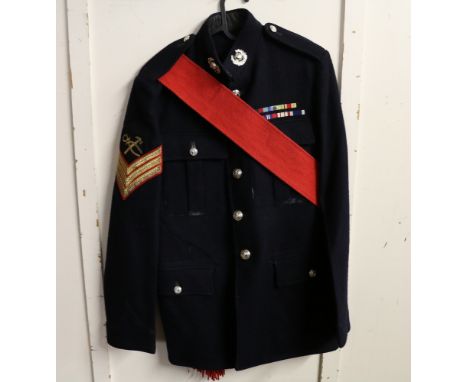 British Royal Navy dress uniform jacket with Royal Marines insignia including buttons, collar badges, crossed hammer and tong