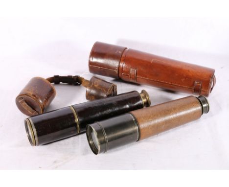 W Ottway and Co of Ealing leather bound brass three draw telescope dated 1906 with War Department crows foot arrow "TEL SIG (