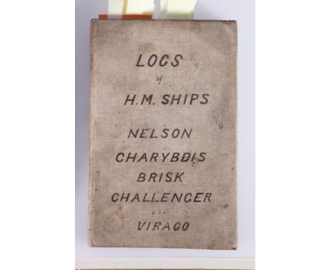 Cloth bound volume titled "Logs of H M Ships Nelson, Charybdis, Brisk, Challenger and Virago" as kept by Francis R Pelly Mids