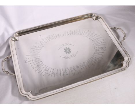 George V silver twin handled tray engraved with The Royal Highlanders Black Watch crest "Presented to Henry Norman Wilson On 
