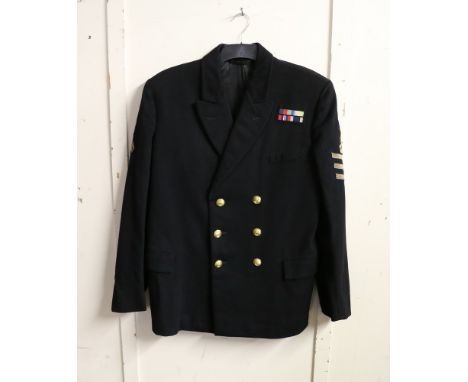 British Royal Navy dress uniform jacket having A Fleming and Co of Portsmouth label with brass naval buttons, bullion wire cr