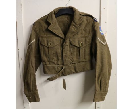 British Army khaki green dress uniform jacket having J Harvey Ltd label "Battledress Blouse 1949 pattern, size 1, 1955" with 