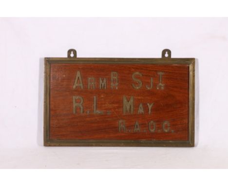 Royal Army Ordnance Corps mahogany and brass door plaque for Armourer Sergeant R L May RAOC, 23cm x 39cm&nbsp;&nbsp; 