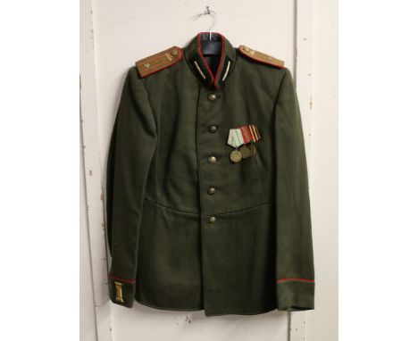 Russian Army dress uniform jacket with brass crossed hammer and sickle buttons, bullion wire collar badges and shoulder board