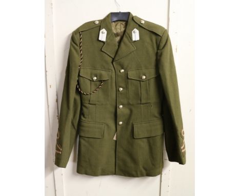 British Army khaki green dress uniform jacket having Polikoff label "Suit No2 Dress 1962 Pattern, Cross 24161241, 1964" with 