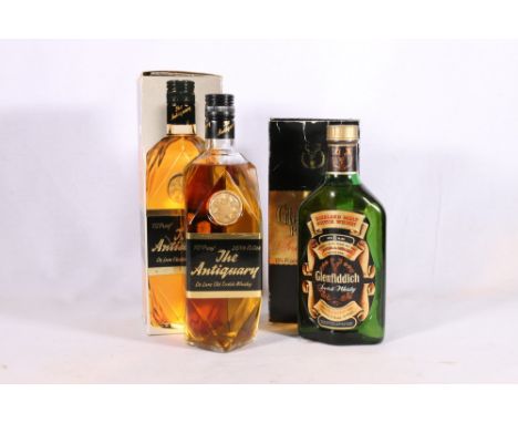 GLENFIDDICH 8 year old single Highland malt Scotch whisky 13 1/3 Fl ozs 70° proof and THE ANTIQUARY de luxe old Scotch whisky