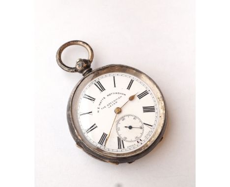 SWISS SILVER CASED POCKET WATCH
with black Roman numerals and subsidiary dial on white enamel, the face marked 'W.E.Watts Not