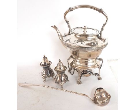 EDWARDIAN SILVER PLATED SPIRIT KETTLE
raised on shaped legs with paw feet, 28.5cm high, a French (Boulenger) silver plated pu