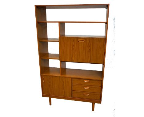 RETRO 1970's 'SCHREIBER' TEAK EFFECT WALL UNIT/ROOM DIVIDER
with open shelving and drop-leaf cocktail cabinet to one side wit