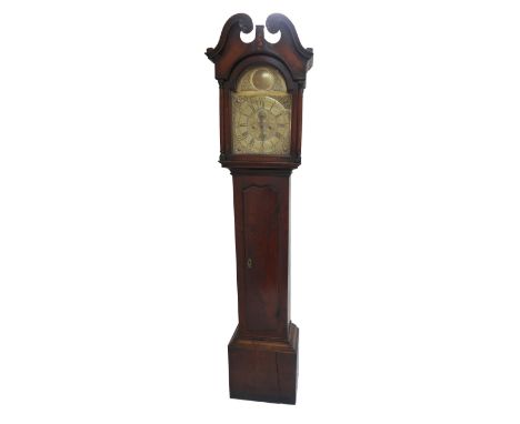 LATE GEORGE III MAHOGANY EIGHT DAY LONGCASE CLOCK 
with a broken swan neck pediment to the hood above a glazed arch door flan