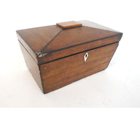 GEORGE III MAHOGANY SARCOPHAGUS TEA CADDY
with a lift up lid revealing three lidded compartments with turned ivory handles, 2