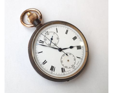 SWISS MADE GUN METAL POCKET WATCH
with top winder, black Roman numerals and two subsidiary dials on white enamel