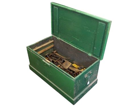 VINTAGE PAINTED PINE TOOL CHEST
containing a large selection of tools, including a 24" brass folding rule by 'J.Rabone & Sons