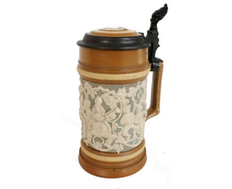 METTLACH VILLEROY & BOCH STONEWARE STEIN
of tapering cylindrical form with a pewter mounted rim to the lid and thumb piece wi