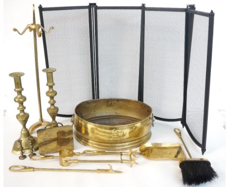 SELECTION OF METALWARE
including a brass companion set, brass oval planter with lion mask handles, pair of brass knopped cand
