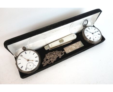 TWO VICTORIAN SILVER CASED POCKET WATCHES
both with black Roman numerals and subsidiary dials on white enamel, one movement m