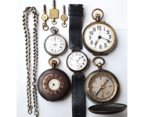 SELECTION  OF POCKET WATCHES, A WRISTWATCH AND A COMPASS
comprising a continental silver fob watch, the white enamel dial wit
