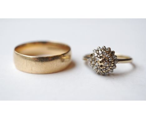 TWO NINE CARAT GOLD RINGS
comprising a diamond set cluster ring, size K-L; and a nine carat gold gentleman's wedding band, si