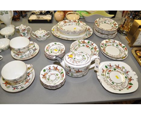 A Wedgwood 'Hunting Scenes' pattern part dinner and tea service, comprising: serving dishes, teapot, breakfast cups and other