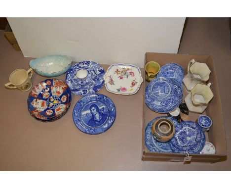 Two Maling jugs and a blue Maling bowl; a Minton Haddon Hall pattern covered jar; Copeland Spode Italian pattern plates and s