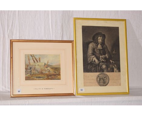 A 19th Century watercolour landscape, by William G. Robertson; together with an antique mezzotint print - "Portrait of Fregon