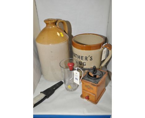 A Fathers glass 'Here's Luck To Old England', c.1900; a stoneware 'Fathers mug from Cheddar'; a flagon; a coffee grinder by K