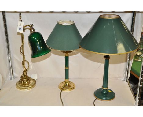 A 20th Century desk lamp with green glass shade; and two other modern green coloured table lamps in metal and turned wood.  (