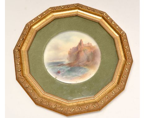 H. Stinton for Royal Worcester: circular porcelain plate (missing rim), with hand-painted scene of Tantallon Castle, diameter