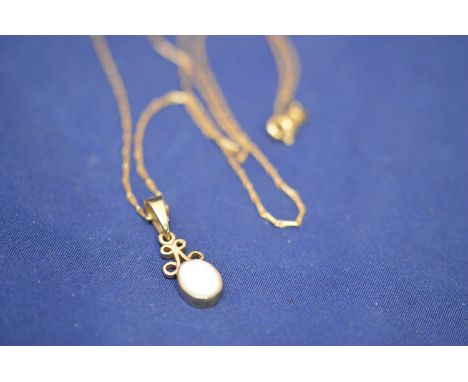 An opal and 9ct. gold drop pendant, 1.9grms gross, on yellow metal chain stamped '750'.