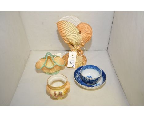 Three items of Royal Worcester blush porcelain, including: a Nautilus vase; a basket; and a triform vase painted with flowers