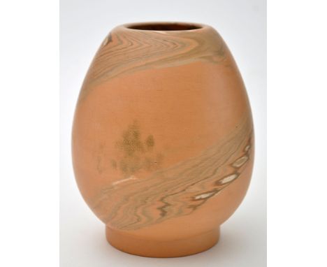 Chinese 'metal strip' patterned pottery vase, the patterning of marbled spiral form, height 12cm approximately.; leaflet titl