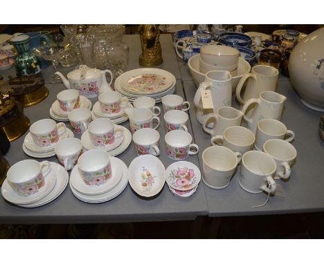 A Wedgwood 'Meadow Sweet' part dinner and tea service; and Deliverance County pottery jars; mugs; and bowls.