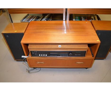 A Dynatron Quadro-Sound music centre with two Dynatron book-shelf speakers; together with a G-Plan teak hi-fi shelf unit fitt