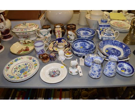 Spodes 'Italian' pattern circular bowl; a teapot; Victorian jugs in the form of cottages; Doulton Lambeth tobacco jar and cov