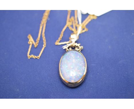 An opal and agate set fob on 9ct. gold mount and 9ct. gold chain, 21.6grms gross.