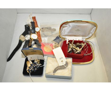 Six metal menu holders in the form of pheasants; costume jewellery; brooches; five gents watches, by Lorus; Accurist; Regalia