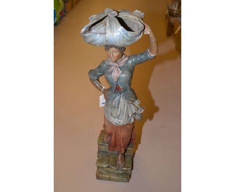 A large 19th Century hand-painted Continental terracotta figure of a lady carrying a bundle on her head, in 18th Century dres