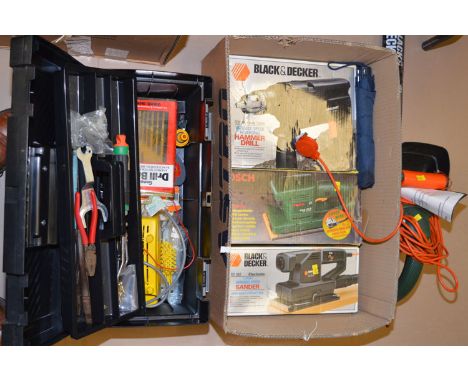 A Black & Decker electric hedge trimmer, 41CM GT251; a Black & Decker hammer drill; a Bosch sander; a Black & Decker sander; 